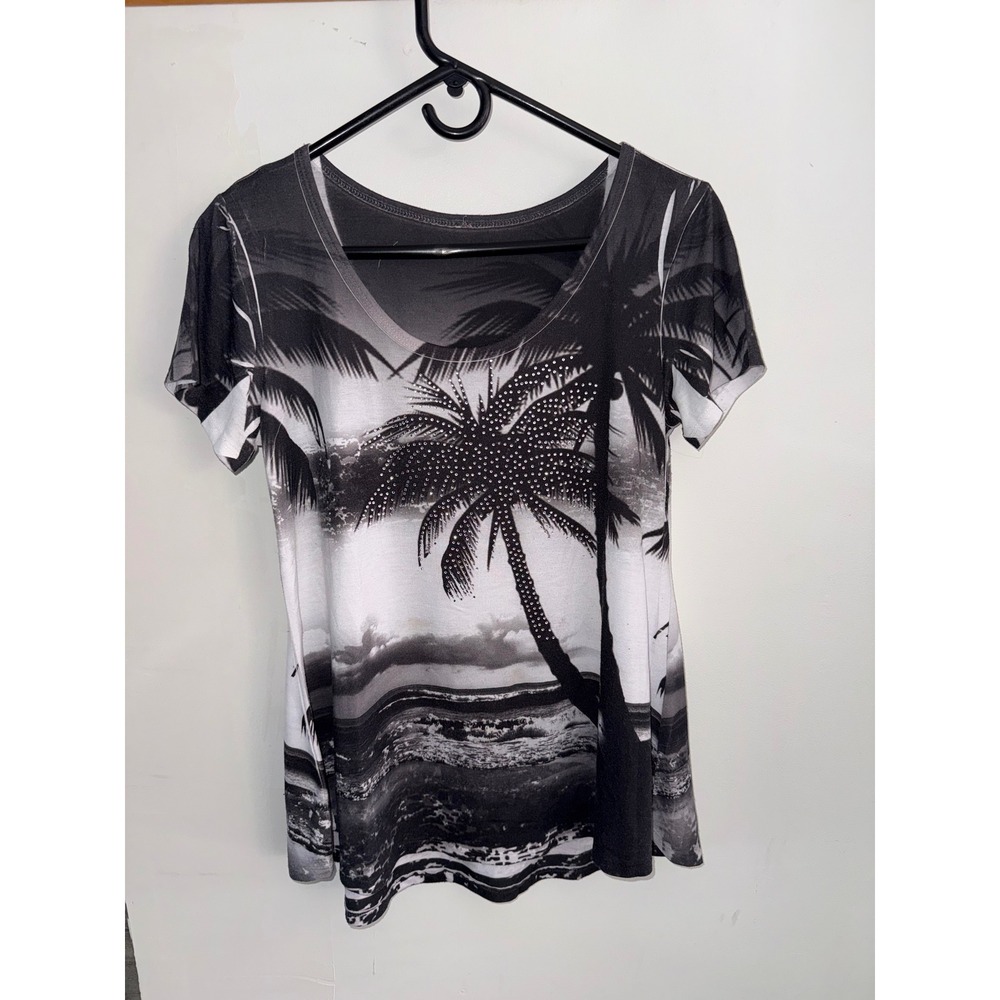 Womens Black White Palm Tree Tropical Rhinestone Scoop Neck T-Shirt size m